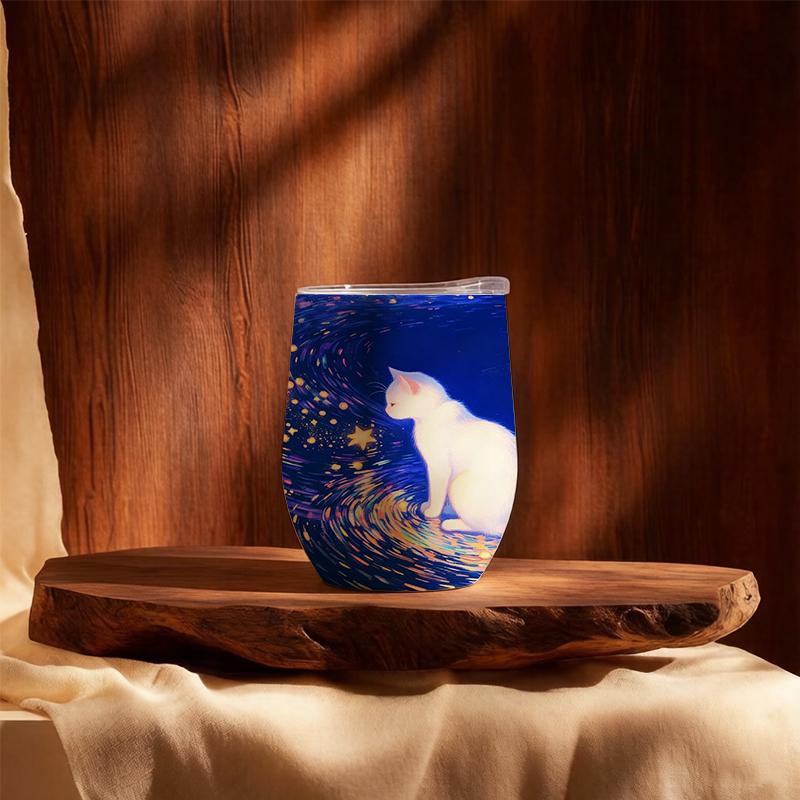 355ml Eggshell Cup Starry White Cat Element U Shape Eggshell Cup Wine Travel Cup 12oz Eggshell Insulated Cup Travel Cup 355ml Eggshell Cup