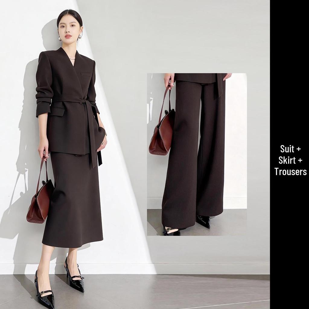 Elegant Coffee-Colored Collarless Skirt Suit for Women with Waist-Cinching Belt - Perfect for Urban Professional Style and Commuting.