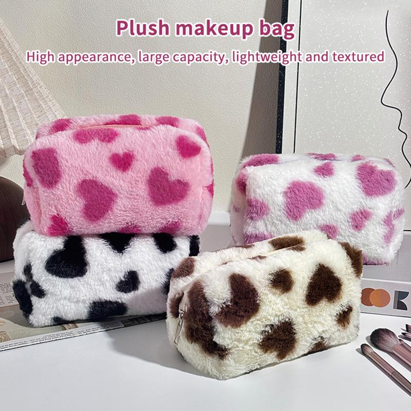 Cute Sweet Heart Pattern Plush Pencil Case Girly Women Large Capacity Cosmetic Bag Travel Portable Storage Bags Organizer Gifts