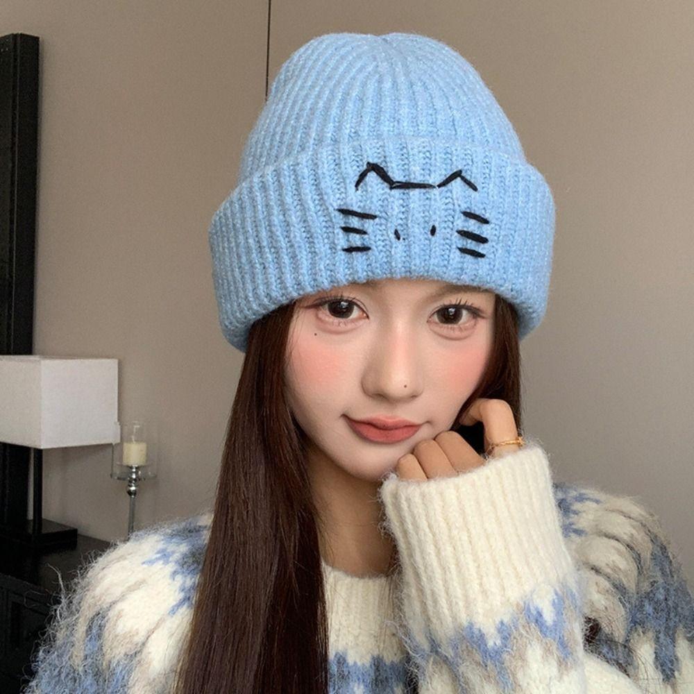 Embroidered Kitten Cute Cat Knitted Hat Warm Printing Knit Cap Retro Knit Beanies  Girls