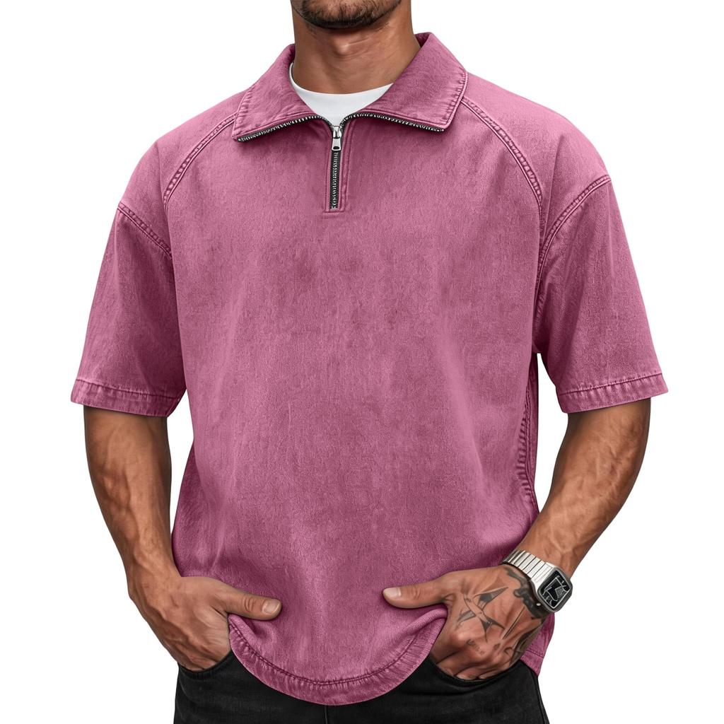 Men's Casual American Style Washed Cotton Vintage Short Sleeve Fitted Polo Shirt with Zip Collar Retro Trendy Design Comfortable Fit