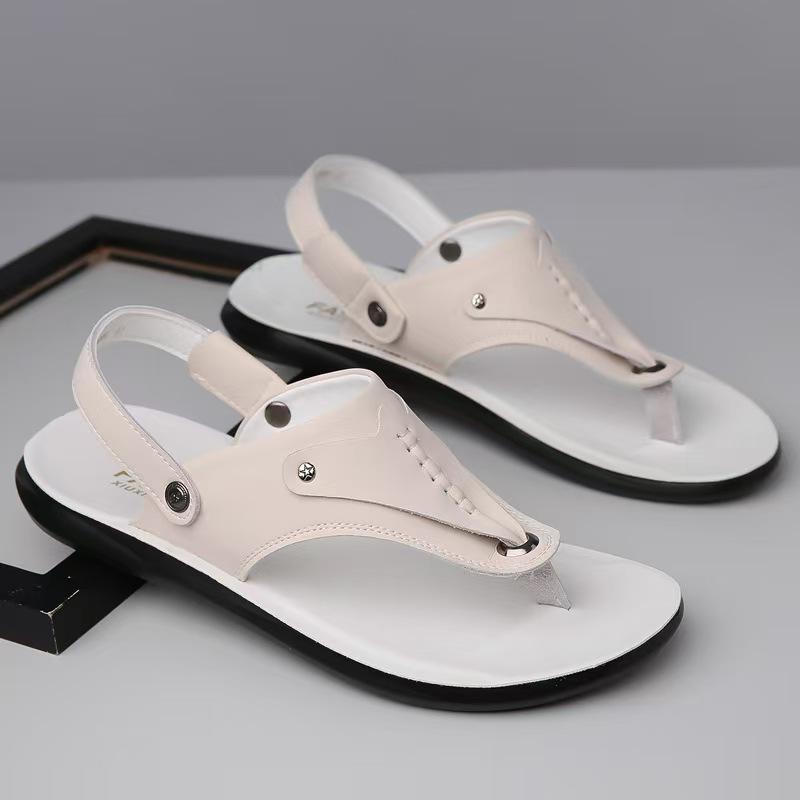 Herren Flats Hausschuhe Sommer Braune Römische Sandalen Retro Schwarz Weiß Leder Breite Zehenpartie Strandschuhe für Vater Übergröße EU:46 weiß