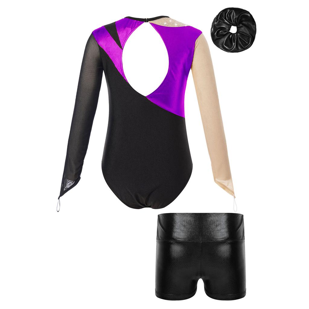 Girls Mesh Long Sleeve Keyhole Back Shiny Leotard Metallic High Waist Dance Shorts Hair Band Gymnastic Performance Outfit