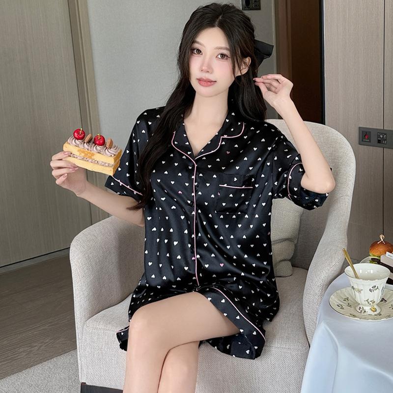 Ice Silk Pajamas Women'S Summer Black Love Pure Desire Short-Sleeved Loungewear Can Be Worn Outside Fashion Suit