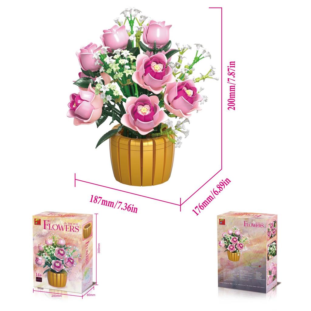Non-Toxic 1056Pcs Pink Rose Potted Building Blocks Flower Vase Model Bricks Desktop Ornament Romantic Gift Educational Diy Toys For Kids