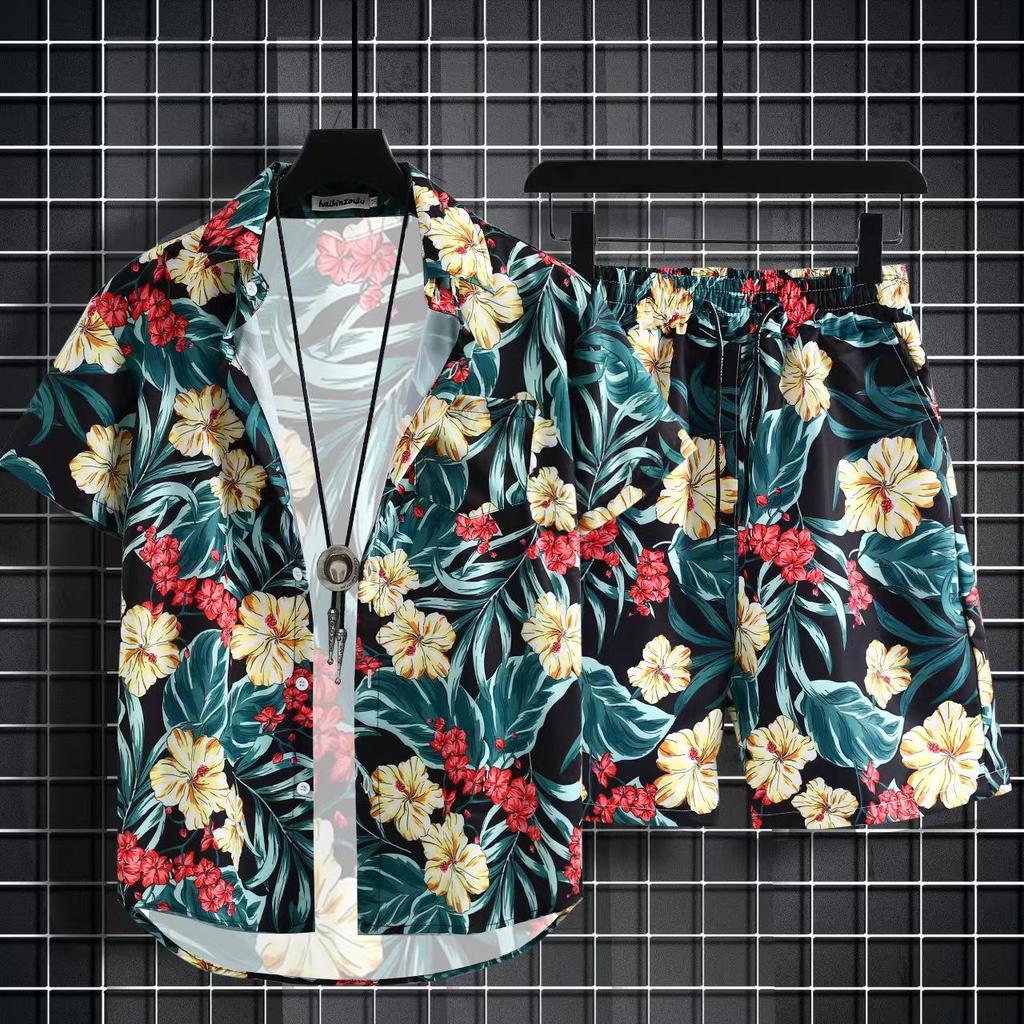 Versatile Men's Quick-Dry Shorts & Floral Shirt Set - Retro Hainan Island National Trend