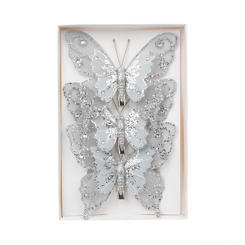 QX2E Set of 3 Glittering Butterfly with Clip for Christmas Tree Holiday Decoration