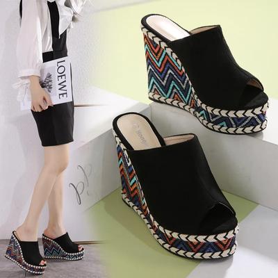 Fashion New Women High Heels Wedges Slippers,summer Shoes,fashion Peep Toe Slides,thick Bottom,outside Wear,black,apricot,dropship