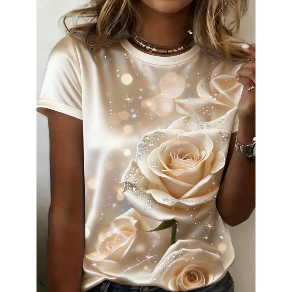 Damer Sommar Blommor Enkel Rosmönstrad Stor Lös Casual T-shirt Trendig Bekväm Mjuk Andningsbar Kortärmad T-shirt