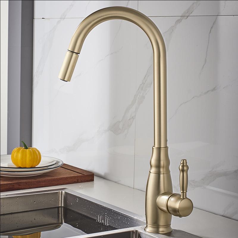 Elegant European-Style Brass Kitchen Faucet with Pull-Out Sprayer for Hot and Cold Water