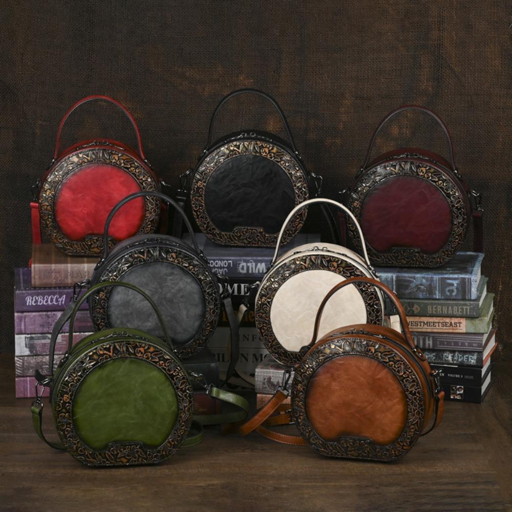 Chinese Style Round Crossbody Bags Women Embossing Shoulder Bags Large Capacity Pu Leather Vintage Handbags For Work Shopping