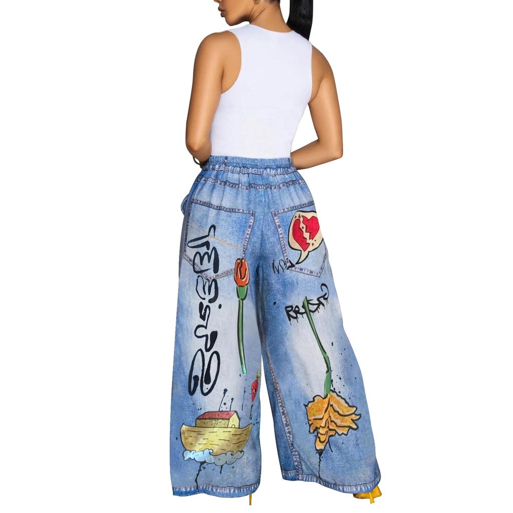 Jeans larghi casual stampati da donna