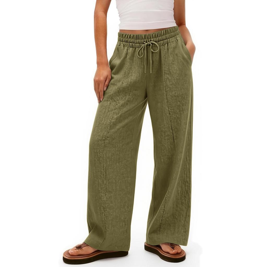 Linen Casual Wide Leg Pants For Women Elastic Waist Versatile Business Casual Work Palazzo Trousers With Pockets