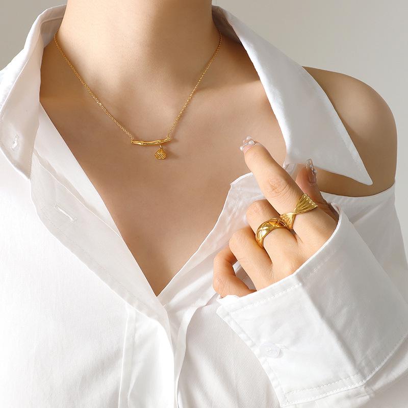 18K Gold Plated Bamboo Lotus Pod Pendant Necklace - European & American Niche Design, Personalized Titanium Steel Jewelry