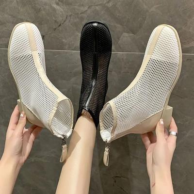 Fashion 2025 Summer New Low-heeled Zipper Round Toe Mesh Bun Toe Sandals Fashionable Temperament Thick Heel Sandals Shoes for Women
