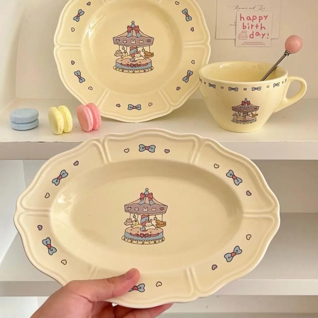 Instagram High Beauty Western Food Plate Carousel French Circular Oval Plate Breakfast Pasta Plate Household Tableware Coffee