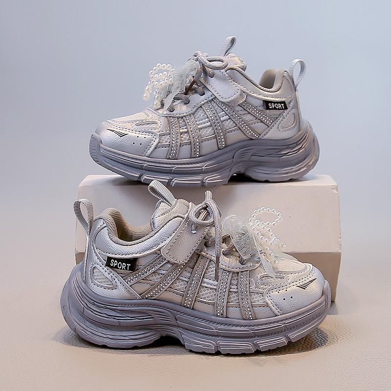 

Girls Fashionable Pearl Sneakers Children s Breathable Dad Shoes Girls Bow Princess Shoes 26 бежевий