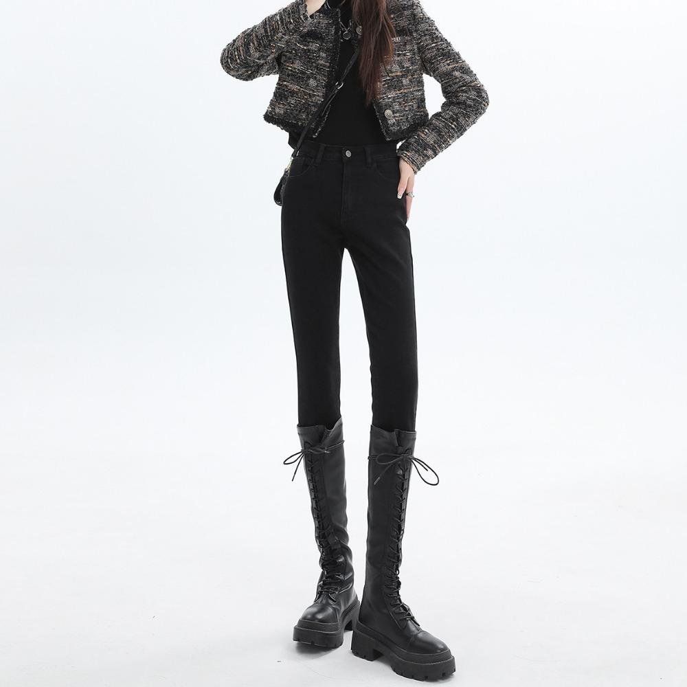 Personalized high-waisted elastic small-footed jeans for women's 2025 new velvet slim-fitting and thin pencil pants