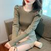 Spring Autumn Korean Round Neck Long Sleeve Sweater Women Puff Sleeve Knit Top Base Layer Shirt