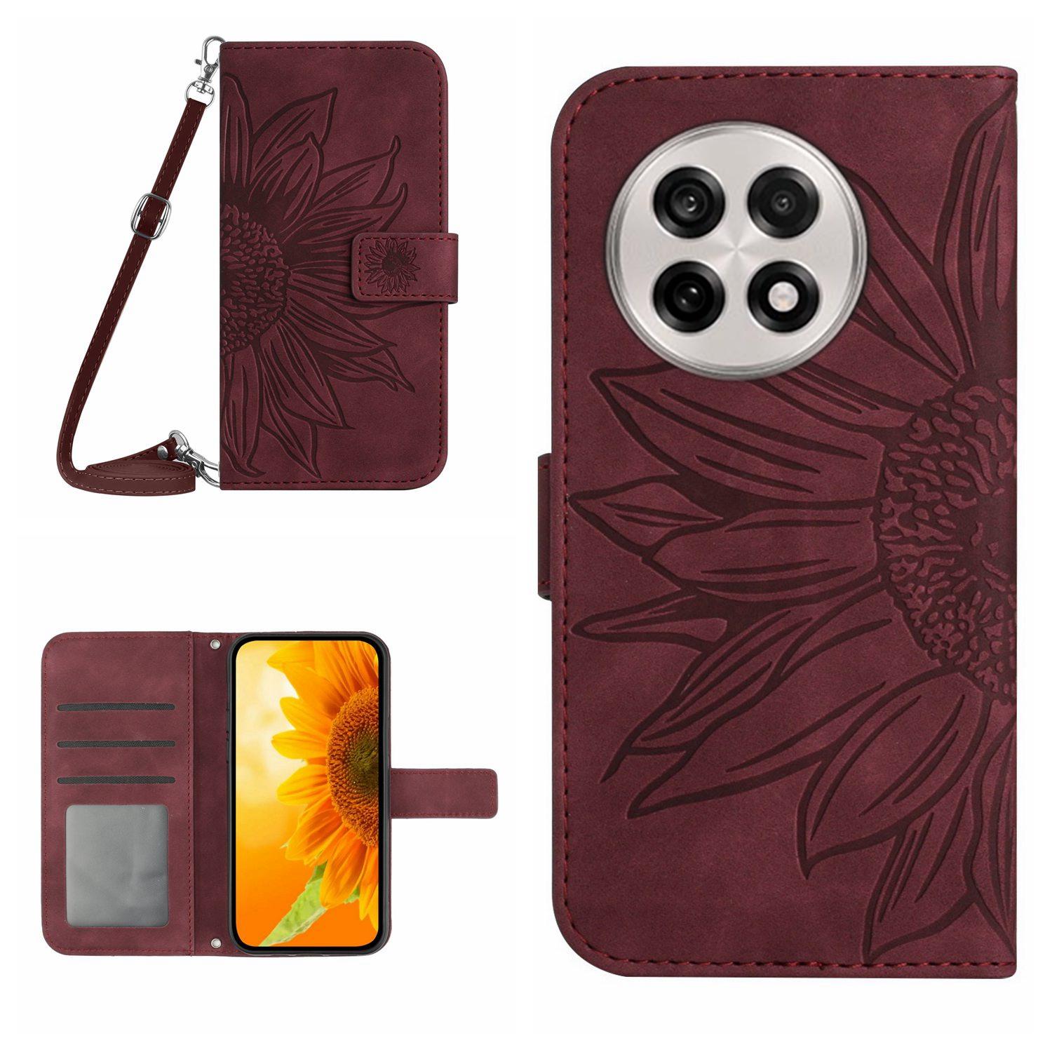 

For OnePlus 13 Case Sunflower Imprint PU Leather Phone Cover with Long Strap Wine Red