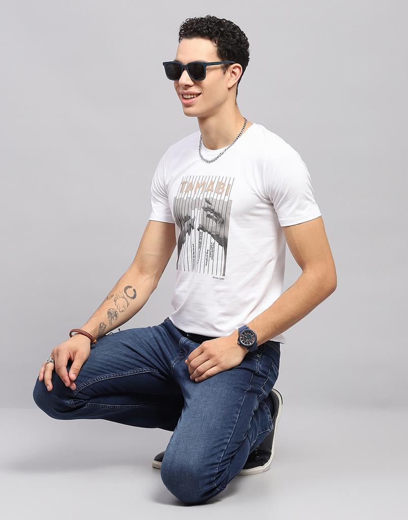 Monte Carlo Mens Printed White Round Neck Half Sleeve T-Shirt
