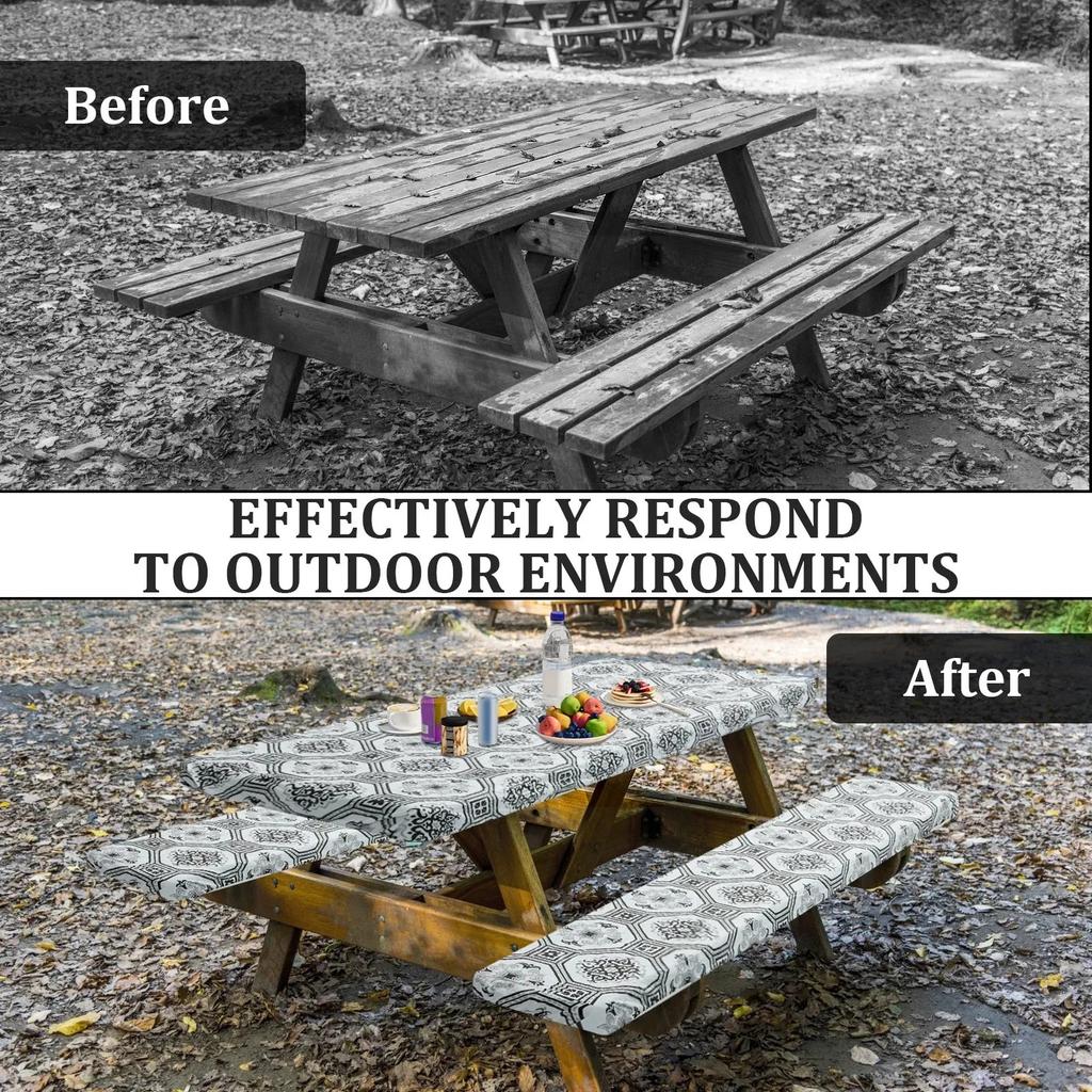 1pc Rectangle Vinyl Picnic Table Cloth Waterproof Elastic Fitted Table Covers Outdoor Table Cover for Camping Dining Indoor