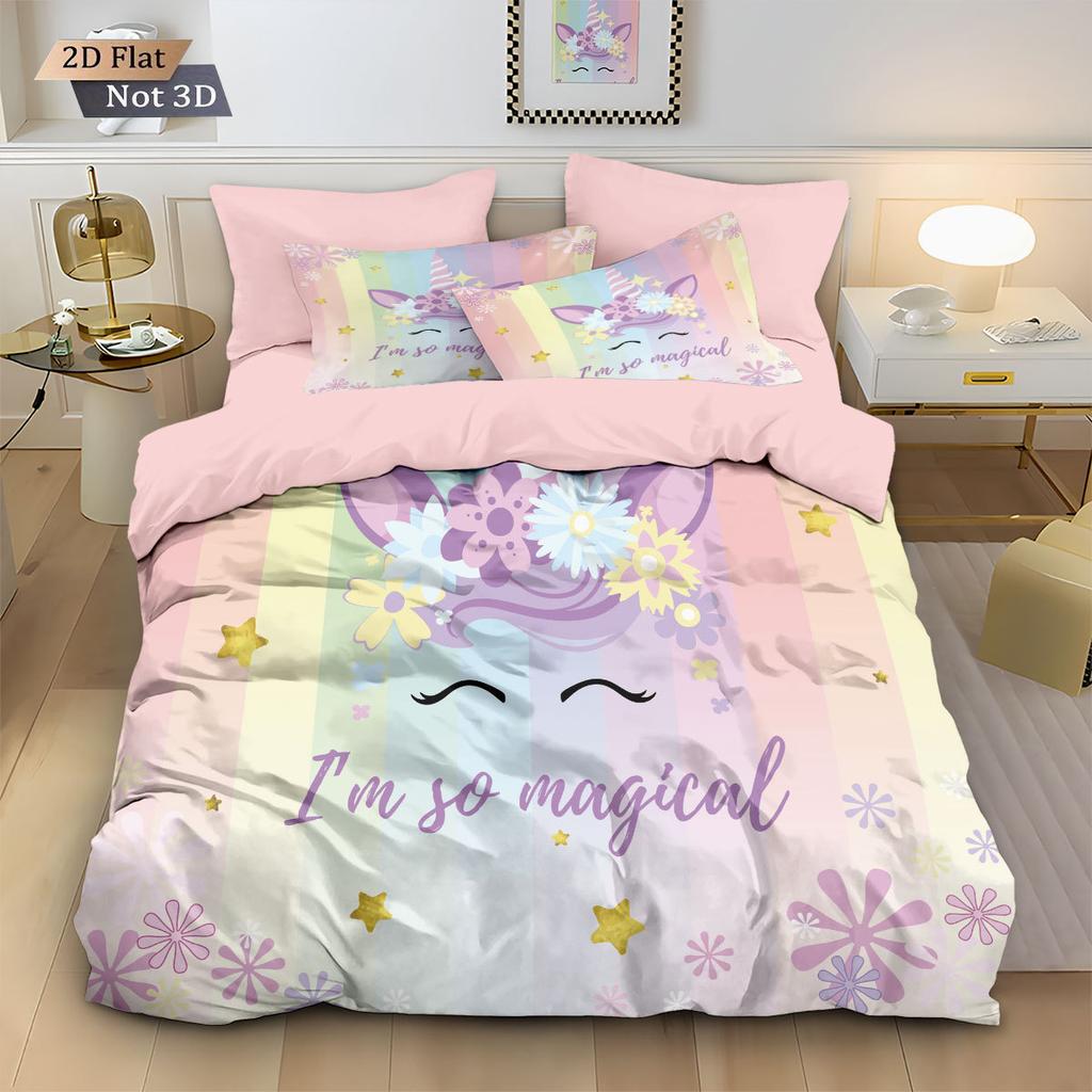 Kids Girls Unicorn Pink 3D Bedding Set Duvet Cover,Cartoon Bedcllothes Animal Printed Queen King Size Home Duvet Cover with Zip