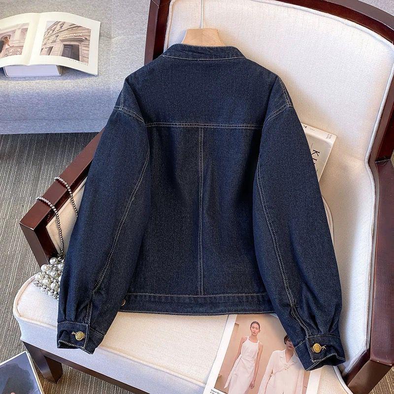 Winter 2025 Women's Slim Fit Blue Denim Long-Sleeve Jacket with Raglan Sleeves and Round Neck