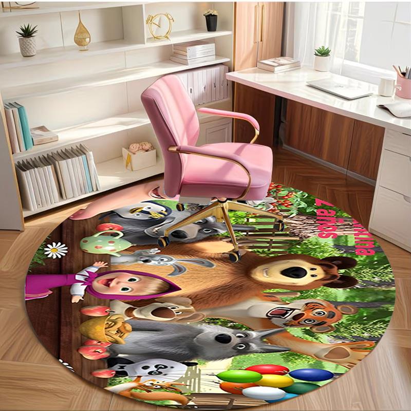 Masha and The Bear Print Round Rug, Washable Floor Carpet, For Entryway Dorm Laundry Room Office Study, Home Decor Birthday Christmas Gift