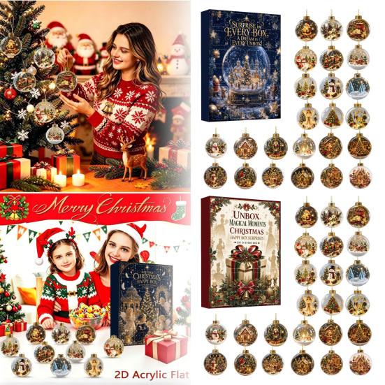 Winter Holiday Party Favors Christmas Advent Calendar, Acrylic 2D Flat Crystal Ball Pendants with Lanyard, Atmosphere Decorations 24 Day Tree Hanging