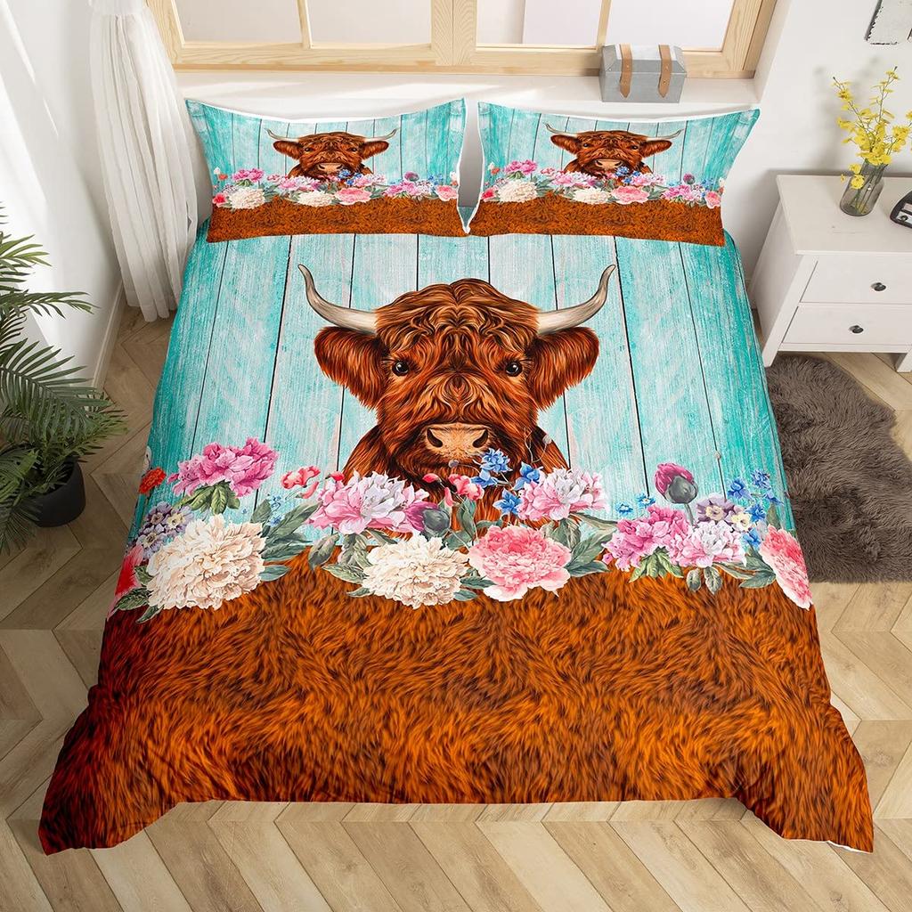 Kuh Bettbezug Set Twin King Size Bauernhoftier Bettwäsche Set Grüner Rankenblätter Druck Bettdeckenbezug Rustikale Holzbrett Steppdecke