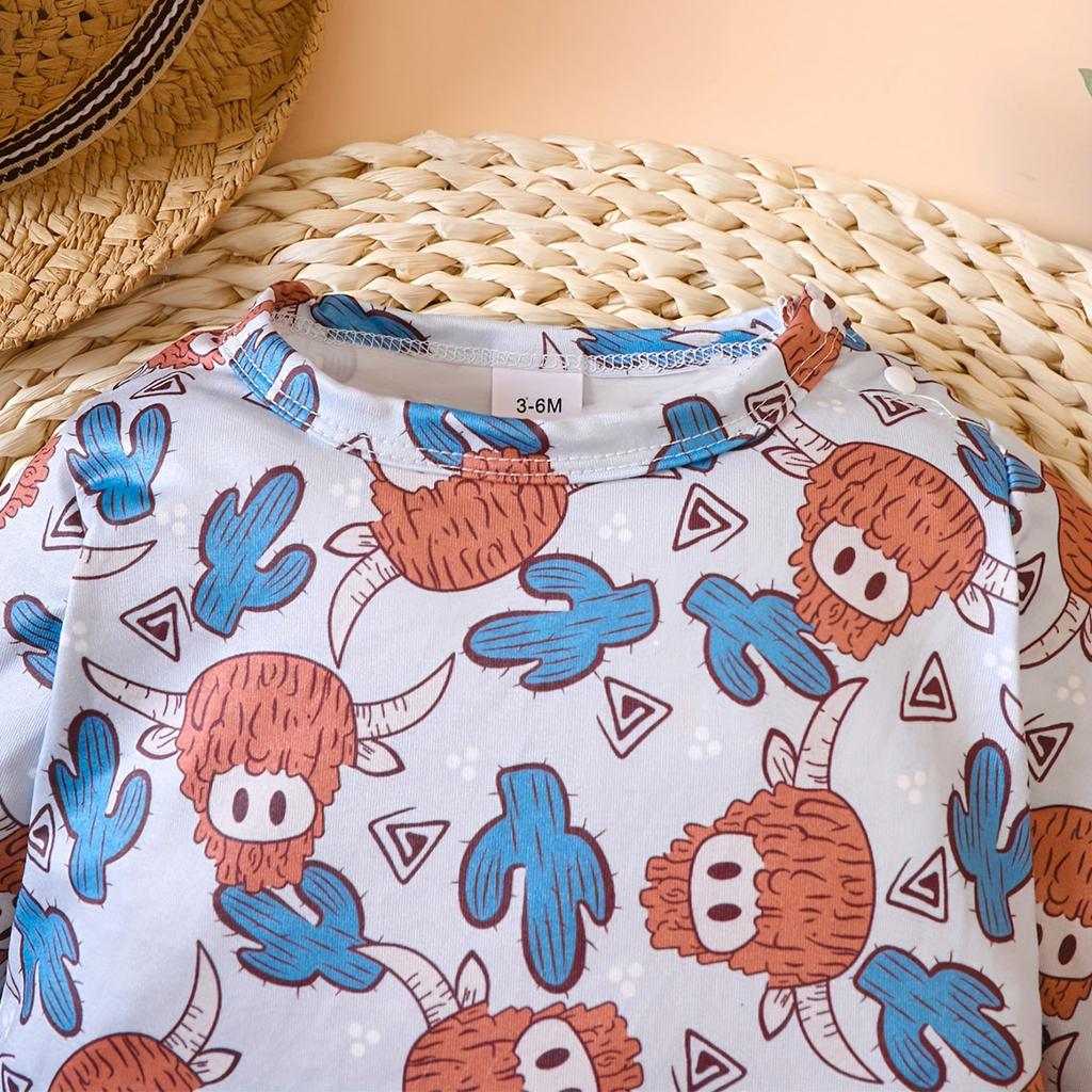 Salopetă cu mânecă lungă, model cap de taur și cactus, pentru bebeluși 1-24 luni, model imprimat pe toată suprafața, pentru bebeluși băieți