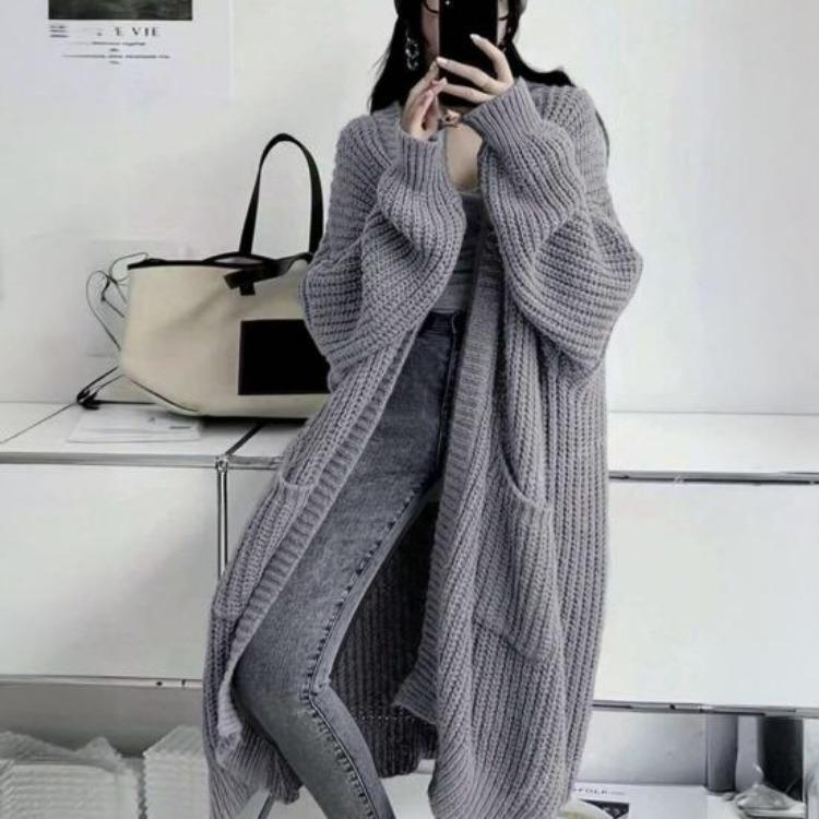 Fall Winter Outwear Women Long Cardigan Sweater Coat Open Front Mid Length Knitting Coat with Pockets