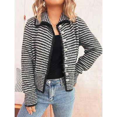 Short Autumn Winter Vintage Loose Cardigan Panelled Stripe Turn-down Collar Women Clothing Slim Style Jumper
