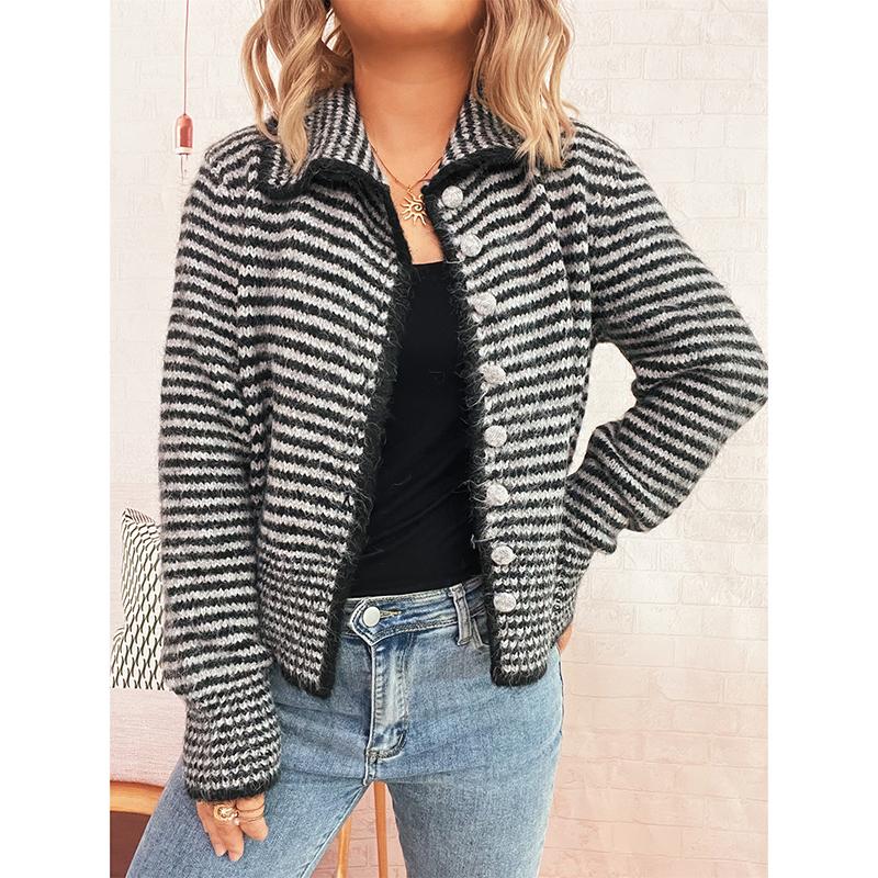 

Короткий осенне-зимний винтажный свободный кардиган в полоску с отложным воротником, женская одежда, джемпер приталенного силуэта S чёрный