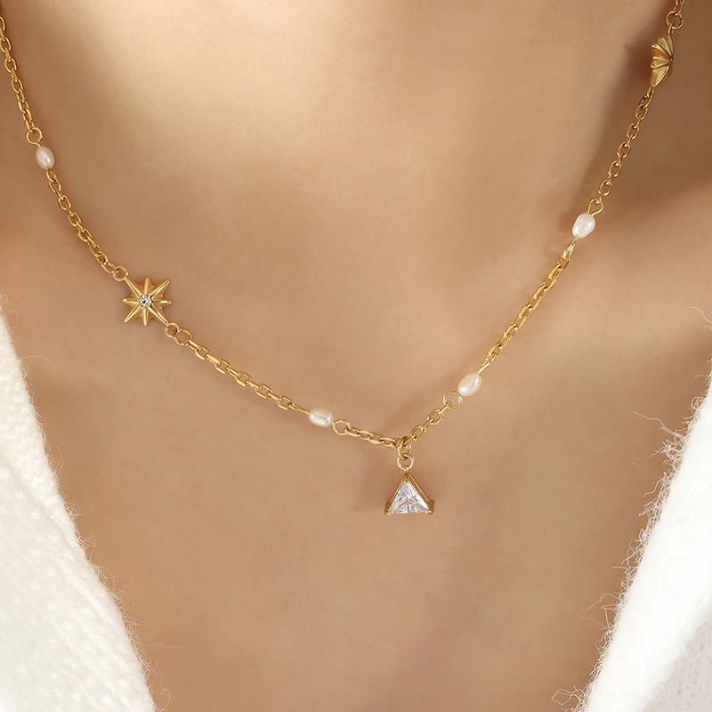 Korean Wave Star-Shaped Zircon & Pearl Pendant Necklace with Titanium Steel Chain
