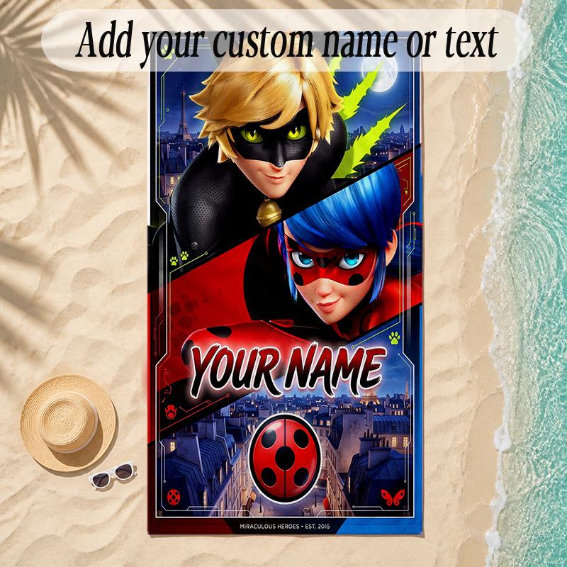 Beach TowelMiraculous Ladybug Custom Name Text Personalized Soft Towel for Beach Pool Indoor Home Decor Gift