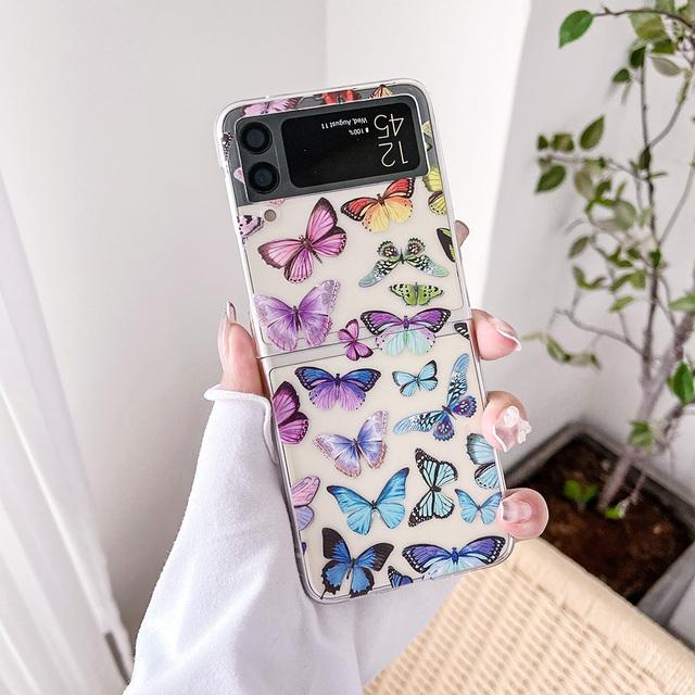 For Samsung Galaxy Z Flip 4 3 Case Butterfly Painted Bracelet For Samsung Z Flip3 Case Transparent Shockproof Pc Hard Back Cover