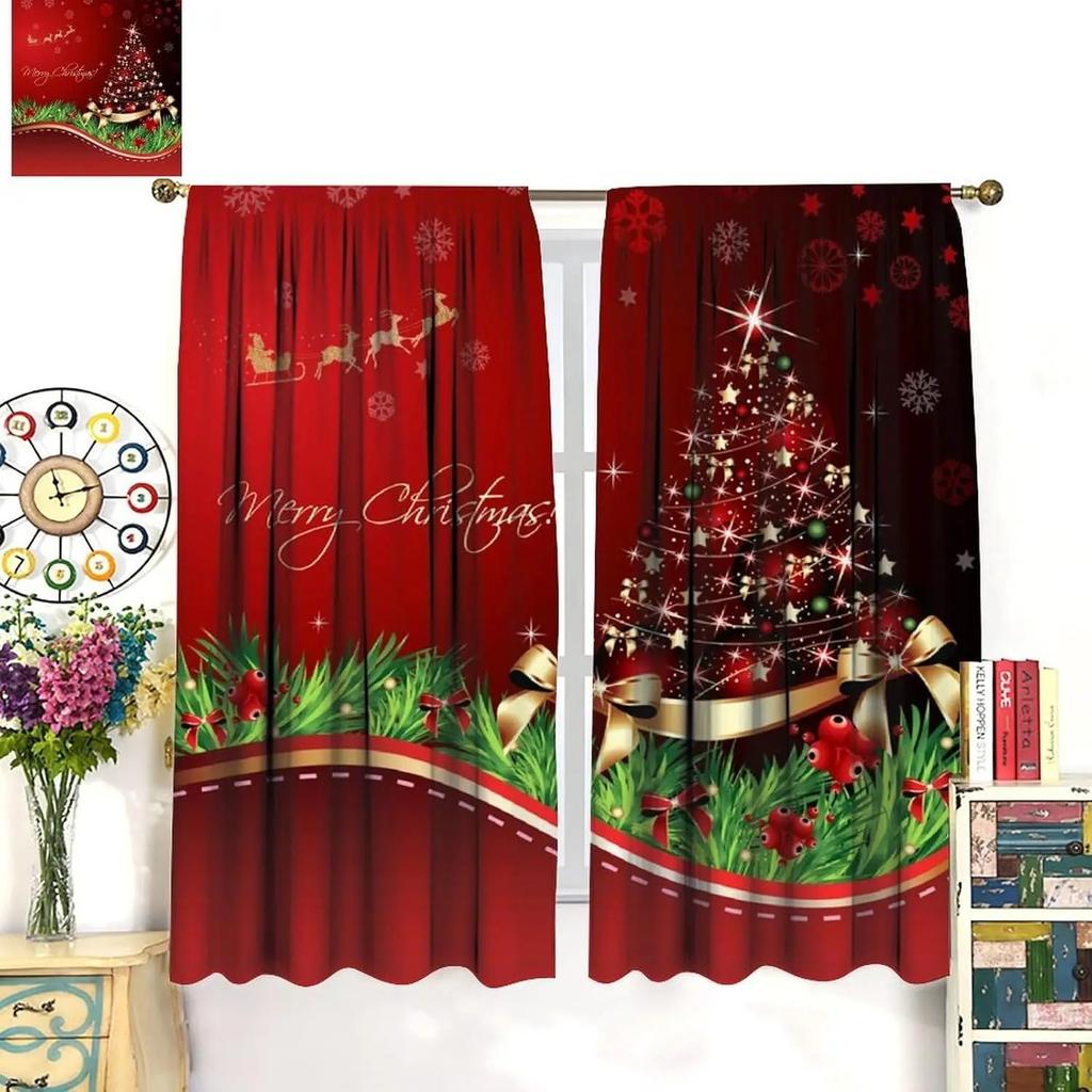 JIT 2pcs Festive Snowflake Christmas Tree Curtains   Privacy Thermal Insulated Polyester Drapes   Holiday Rod Pocket Window Decor