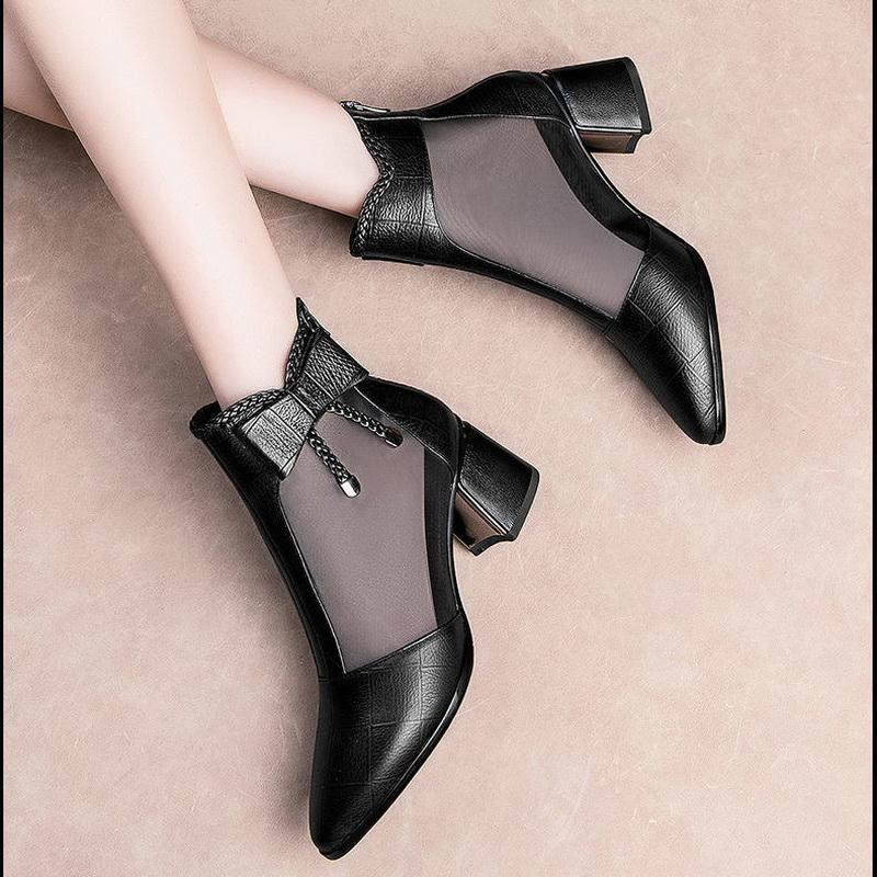 Mode FHC Cut-Out Sandalen Stiefel Frau, Sommer High Heels Mesh Schuhe, Reißverschluss hinten, Schleife, Spitze Zehenpartie, Damenschuhe, SCHWARZ, Dropship