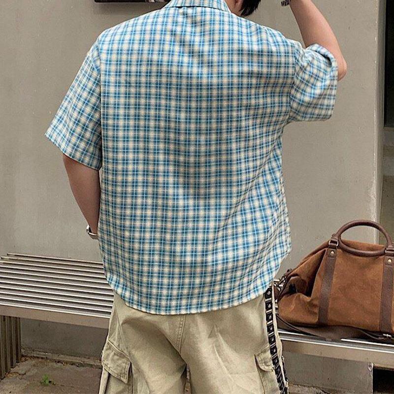 Summer Stylish Short Sleeve Shirt Men's Streetwear Vintage Button Up Turn Down Collar Shirts Trendy Men Plaid Printed
