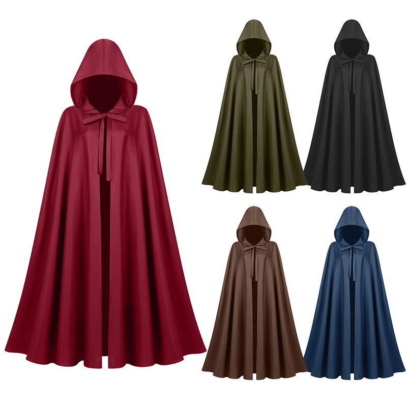 2025 Dark Medieval Hooded Cloak: Retro Stand Collar Halloween Cape, Solid Color