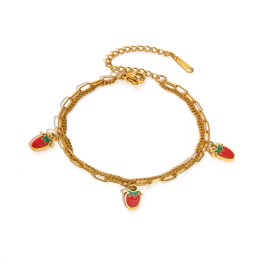 Doppellagiges Erdbeer-Armband aus Edelstahl für Damen Mädchen, Wasserdichte Armbänder in Goldfarbe, Täglicher Schmuck Niedliche Geschenke