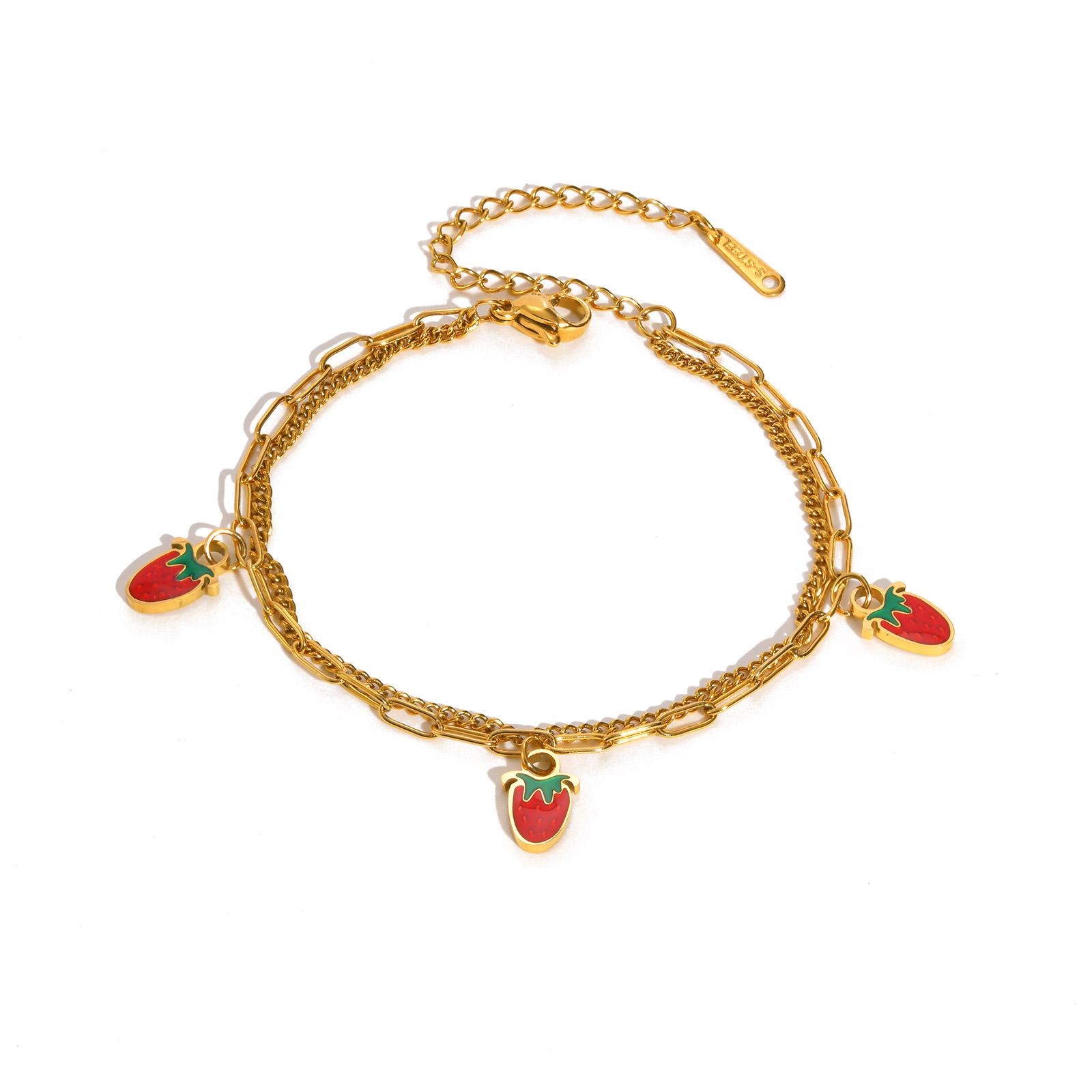 

Dainty Double-layer Strawberry Cherry Accessories Bracelet,Women s Stainless Steel Gold Plated Bracelets,Cute Jewelry Gift