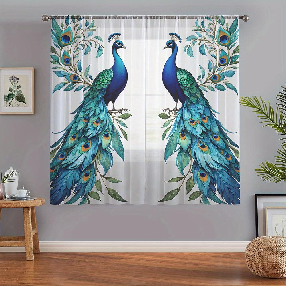 2PCS Sheer Curtains, Blue and Green, Peacock and Floral Pattern, Suitable for Bedroom and Living Room, Rod Pocket Style