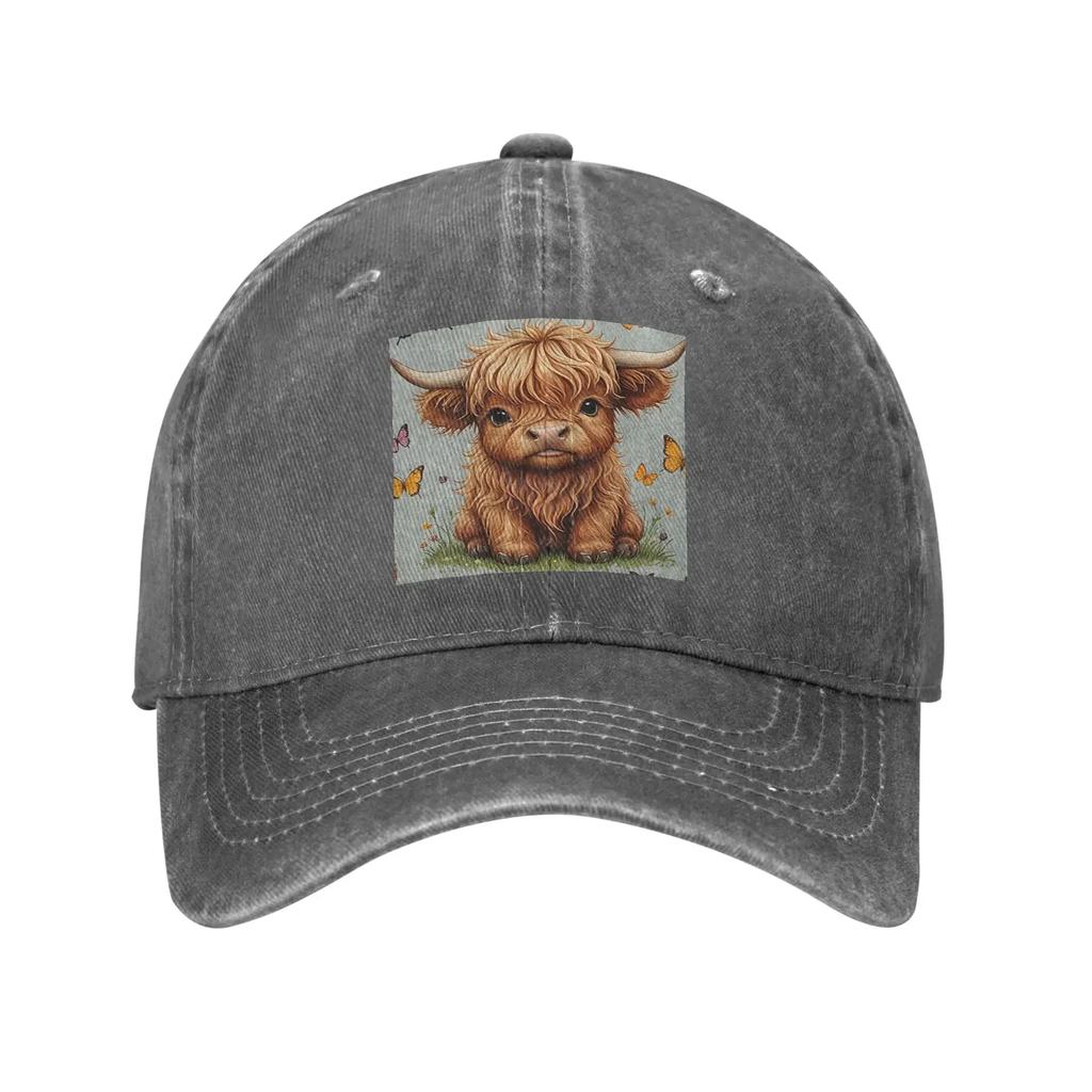 Highland Cow Cartoon Animal Denim Fabric Cap Casual Baseball Caps Adjustable Hat Summer Unisex Baseball Hats