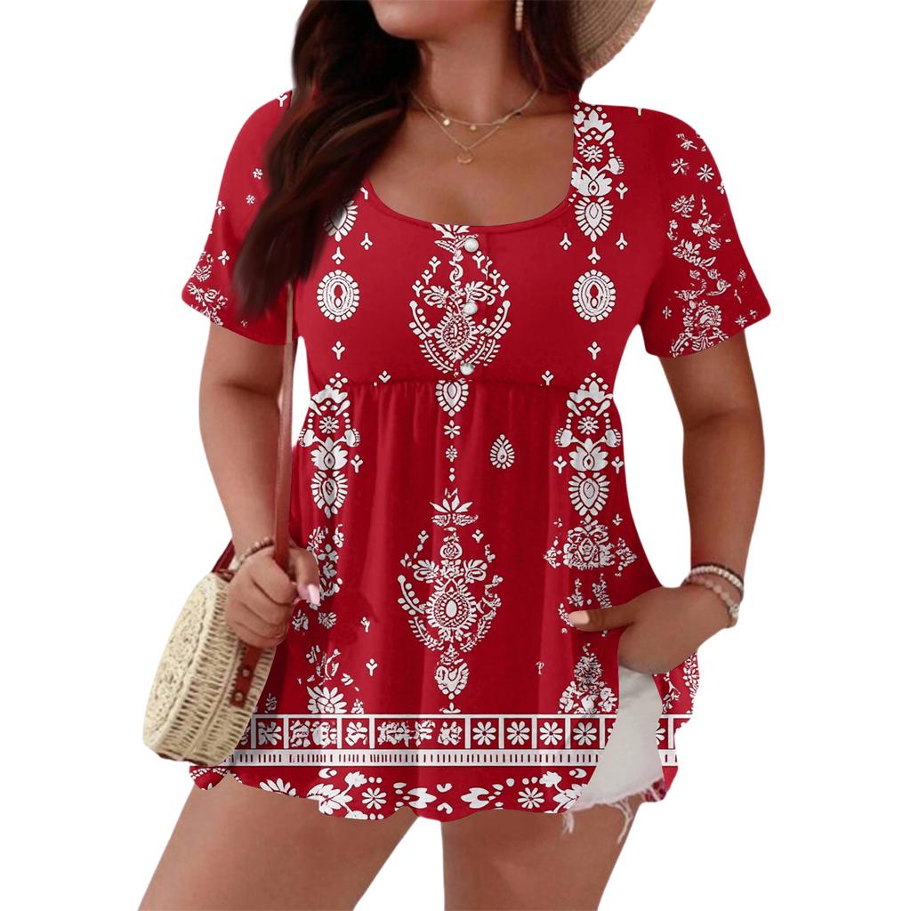 Women's Fashionable Casual Short Sleeve Loose Fit Button Front Printed Blouse