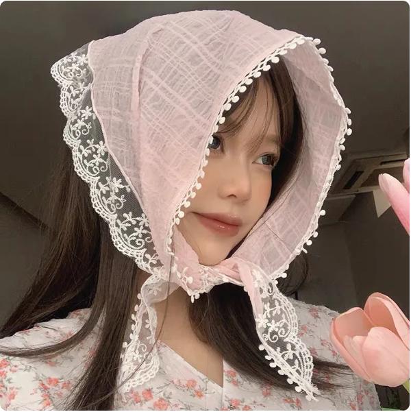 Korean Ins Lace Hair Scarf Women Retro Triangle Hair Band Strap Hair Bag Headscarf Hat Travel Photo Headband Turban Accessorie
