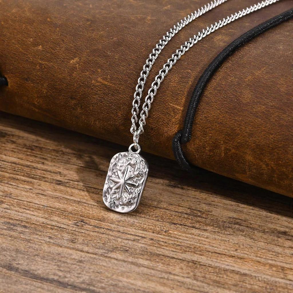 Mens Dog Tag Necklaces Stylish Hammered Stainless Steel Eight Point Star Pendant Collar Birthday Party Gifts for Him