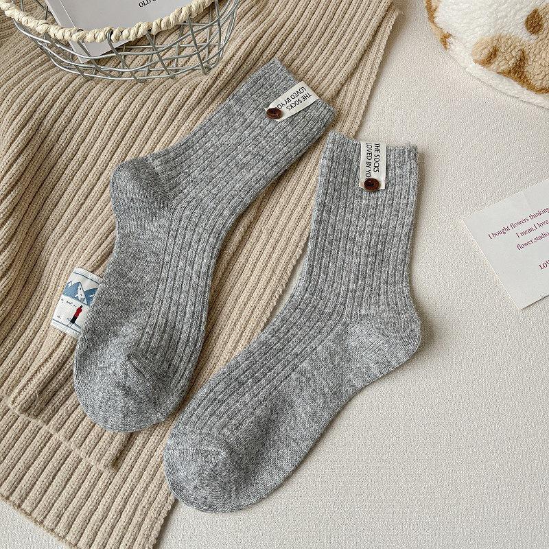Chaussettes Tube en Laine Polaire Épaisses et Chaudes Tout en Un pour Automne et Hiver, Couleur Unie, Bouton Logo en Tissu